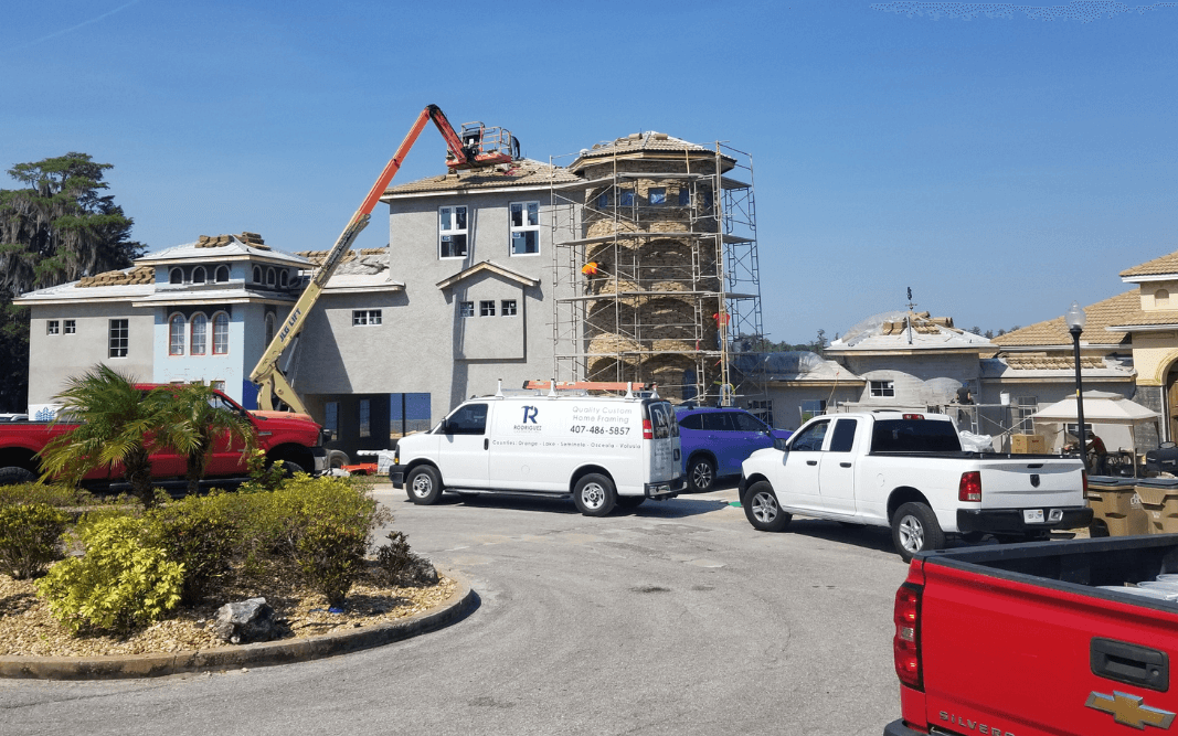 Residential remodel managed by Bridgethorn, a general contractor in Clermont, FL, featuring detailed scaffolding work on a custom home.