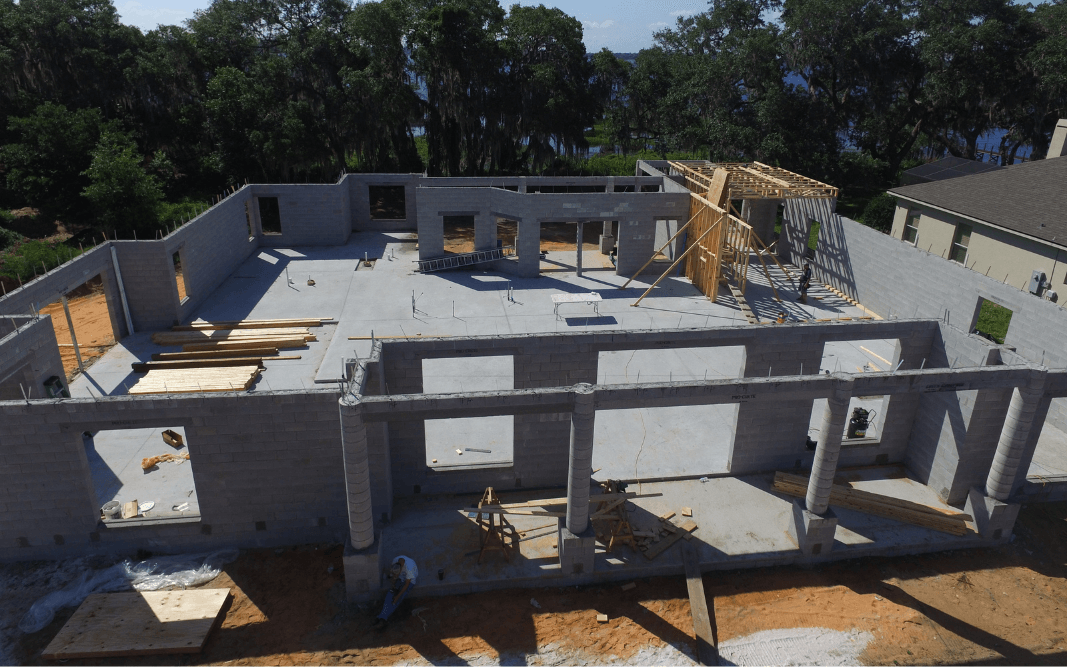 Concrete framework and foundation under construction for a commercial building in Clermont, FL, part of Bridgethorn Construction’s services across Central Florida.